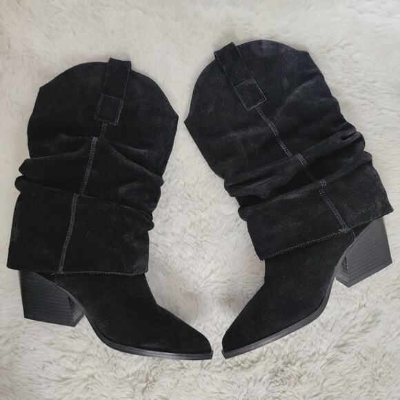 NEW Nine West Wilton Black Suede Leather Slouchy Block Heel Point Toe Dress Boot - Picture 3 of 9